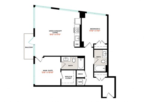 Floor plan for 2 beds, 2 baths, 1103 sqft